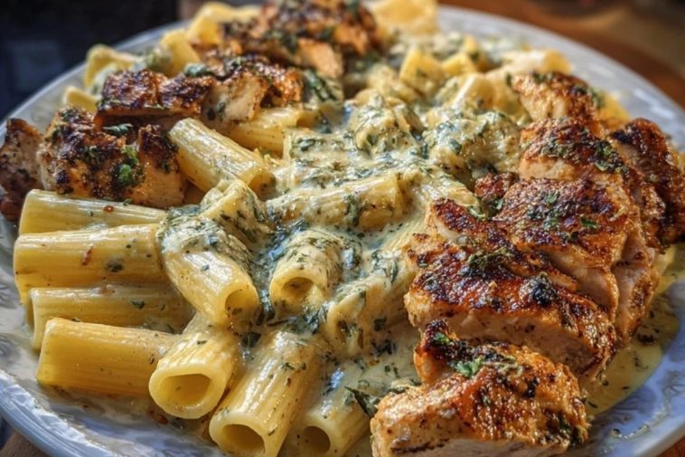 Rigatoni in Cheesy Italian Herb Alfredo with Cajun Chicken