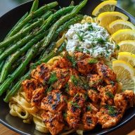 Smoky Paprika Chicken Alfredo with Lemon Feta Whip & Charred Green Beans