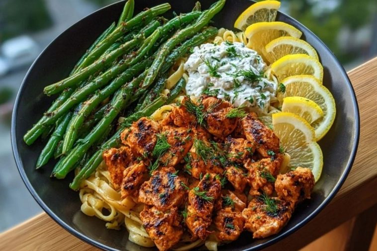 Smoky Paprika Chicken Alfredo with Lemon Feta Whip & Charred Green Beans