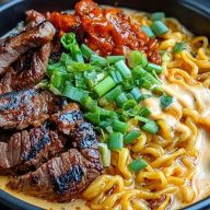 Spicy Korean Ramen with Grilled Beef & Creamy Sauce