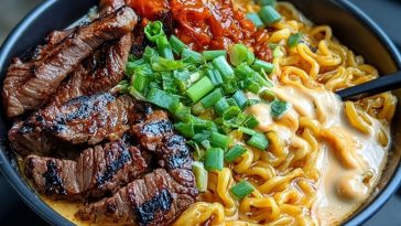 Spicy Korean Ramen with Grilled Beef & Creamy Sauce