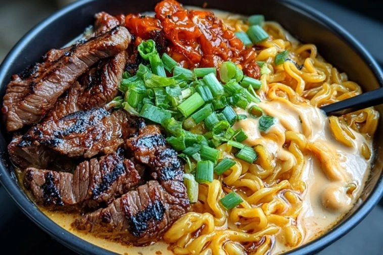 Spicy Korean Ramen with Grilled Beef & Creamy Sauce