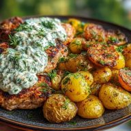 Spicy Yogurt Marinated Chicken with Dill Feta Cream & Crispy Baby Potatoes