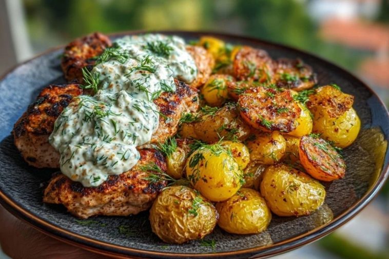 Spicy Yogurt Marinated Chicken with Dill Feta Cream & Crispy Baby Potatoes