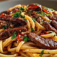 Sweet and Spicy Garlic Steak Pasta