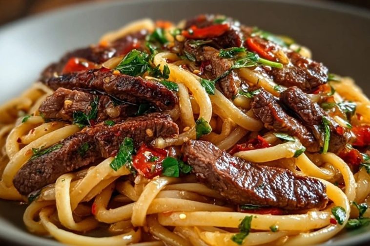 Sweet and Spicy Garlic Steak Pasta