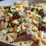 Beef and Bowtie Pasta with Alfredo Sauce