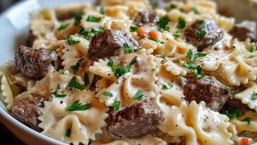 Beef and Bowtie Pasta with Alfredo Sauce