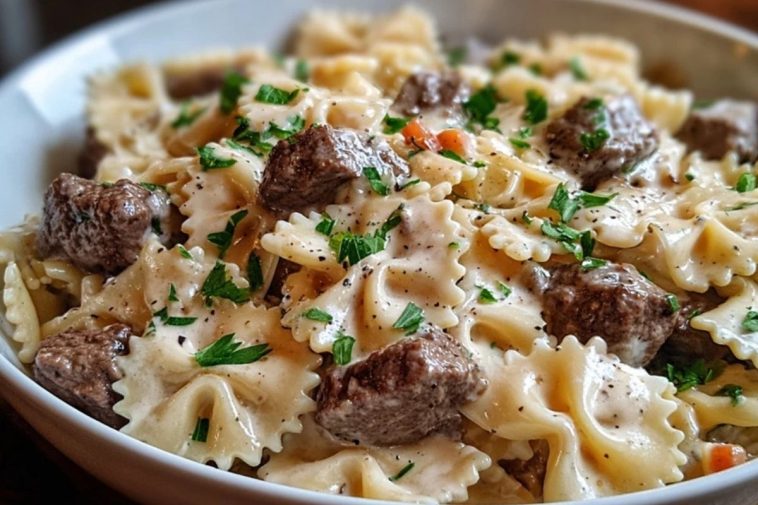 Beef and Bowtie Pasta with Alfredo Sauce