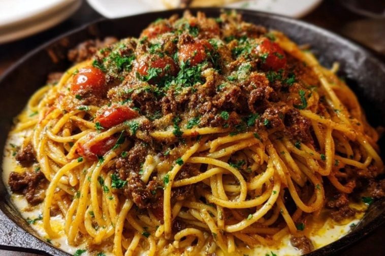 Cajun Beef Spaghetti in Creamy Three-Cheese Parmesan Sauce