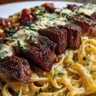 Cajun Garlic Butter Steak over Creamy Parmesan Linguine