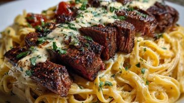 Cajun Garlic Butter Steak over Creamy Parmesan Linguine
