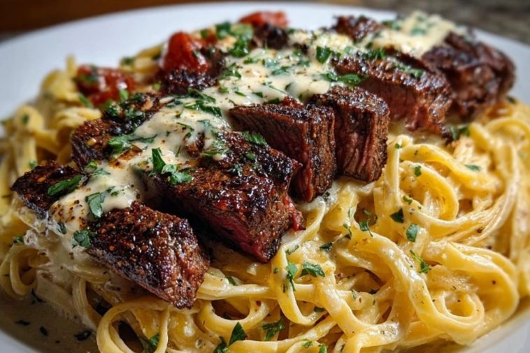 Cajun Garlic Butter Steak over Creamy Parmesan Linguine