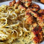 Cheesy Alfredo Linguine with Golden Garlic Butter Chicken in Creamy Sauce