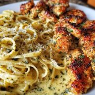 Cheesy Alfredo Linguine with Golden Garlic Butter Chicken in Creamy Sauce