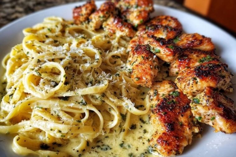 Cheesy Alfredo Linguine with Golden Garlic Butter Chicken in Creamy Sauce