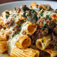 Cheesy Beef and Italian Sausage Rigatoni in Garlic Butter Sauce