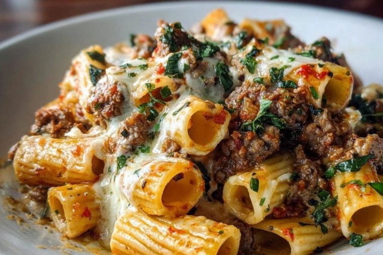 Cheesy Beef and Italian Sausage Rigatoni in Garlic Butter Sauce
