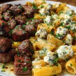 Cheesy Garlic Butter Steak with Rigatoni in Four-Cheese Sauce
