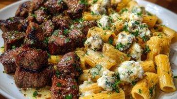 Cheesy Garlic Butter Steak with Rigatoni in Four-Cheese Sauce