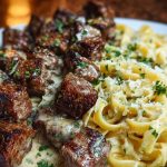 Cheesy Garlic Steak Bites over Creamy Linguine Pasta