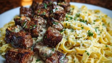 Cheesy Garlic Steak Bites over Creamy Linguine Pasta