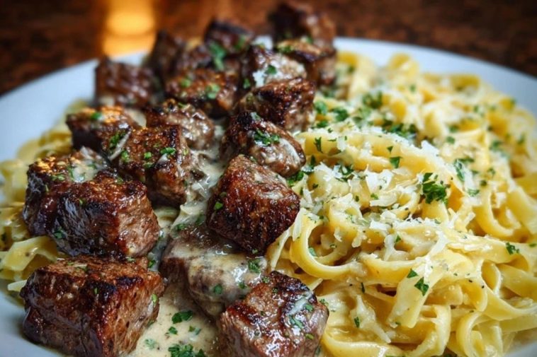 Cheesy Garlic Steak Bites over Creamy Linguine Pasta
