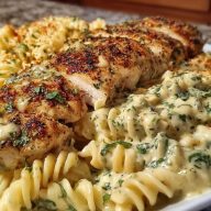 Cheesy Twisted Pasta with Creamy Garlic Parmesan Chicken