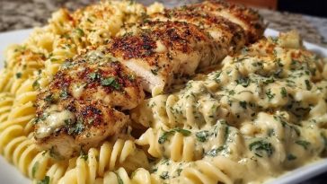Cheesy Twisted Pasta with Creamy Garlic Parmesan Chicken