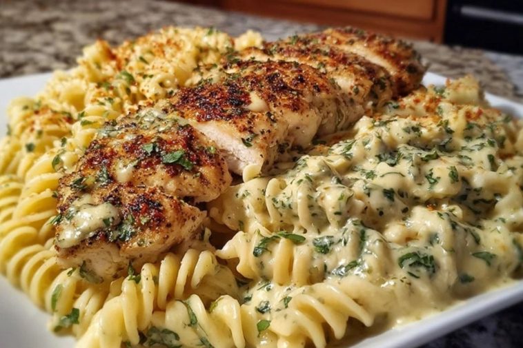 Cheesy Twisted Pasta with Creamy Garlic Parmesan Chicken