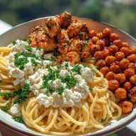 Creamy Cajun Chicken Pasta with Whipped Roasted Garlic Feta & Crispy Chickpeas