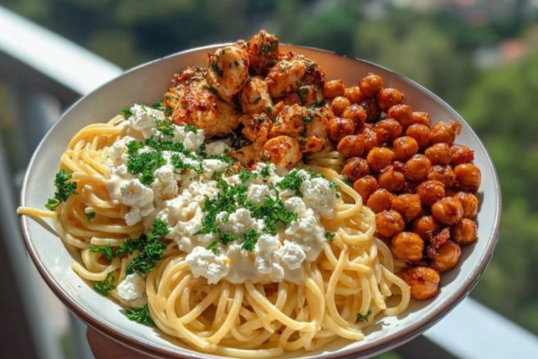 Creamy Cajun Chicken Pasta with Whipped Roasted Garlic Feta & Crispy Chickpeas