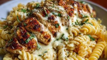 Creamy Cajun Chicken Rotini with Garlic Mozzarella Sauce