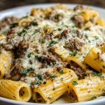 Creamy Cheesy Garlic Butter Rigatoni with Savory Beef