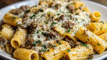 Creamy Cheesy Garlic Butter Rigatoni with Savory Beef