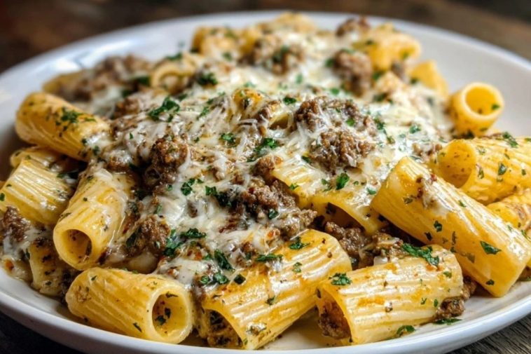 Creamy Cheesy Garlic Butter Rigatoni with Savory Beef