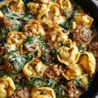 Creamy Garlic Butter Beef Tortellini with Italian Sausage & Spinach