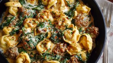 Creamy Garlic Butter Beef Tortellini with Italian Sausage & Spinach