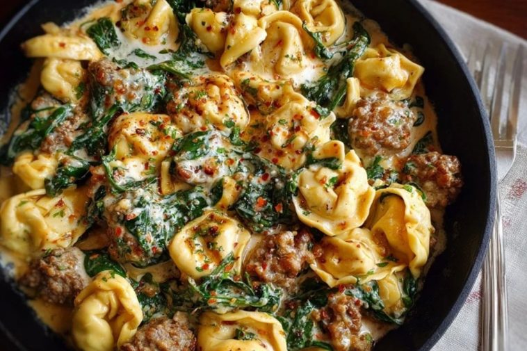 Creamy Garlic Butter Beef Tortellini with Italian Sausage & Spinach