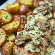 Creamy Garlic Mushroom Alfredo Chicken & Potatoes with Basil Pesto