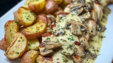 Creamy Garlic Mushroom Alfredo Chicken & Potatoes with Basil Pesto
