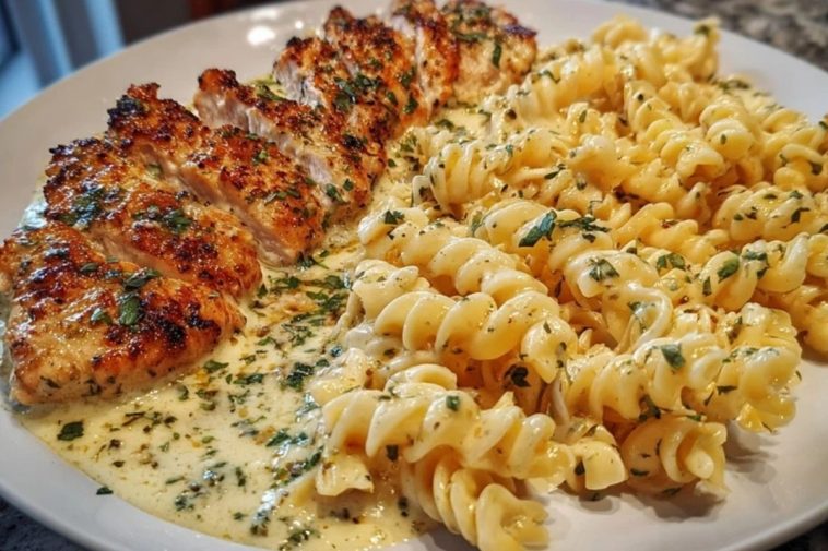 Creamy Garlic Parmesan Chicken with Cheesy Twisted Pasta