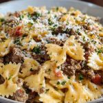 Creamy Ground Beef Bowtie Pasta with Mozzarella and Parmesan