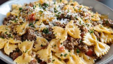 Creamy Ground Beef Bowtie Pasta with Mozzarella and Parmesan