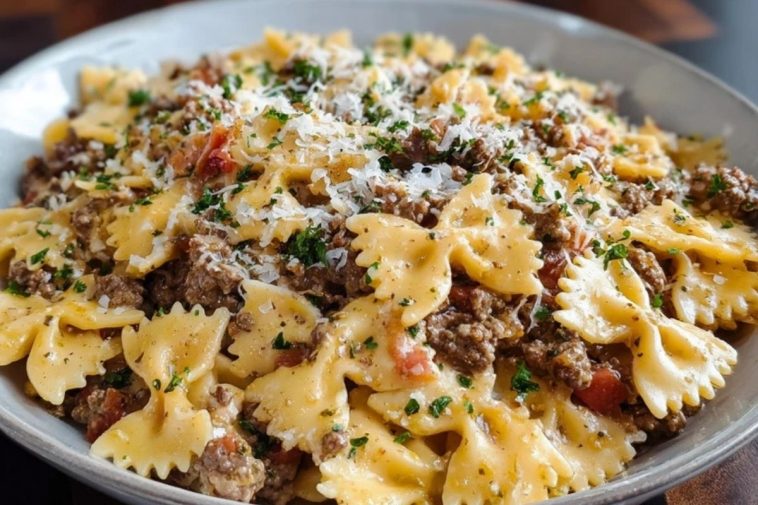Creamy Ground Beef Bowtie Pasta with Mozzarella and Parmesan