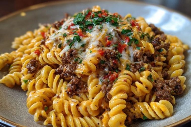 Creamy Mozzarella Rotini with Spicy Cajun Beef and Velveeta Sauce