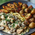 Creamy Mushroom Garlic Chicken Alfredo & Hot Honey Roasted Potatoes
