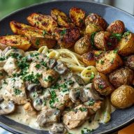 Creamy Mushroom Garlic Chicken Alfredo & Hot Honey Roasted Potatoes