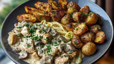 Creamy Mushroom Garlic Chicken Alfredo & Hot Honey Roasted Potatoes