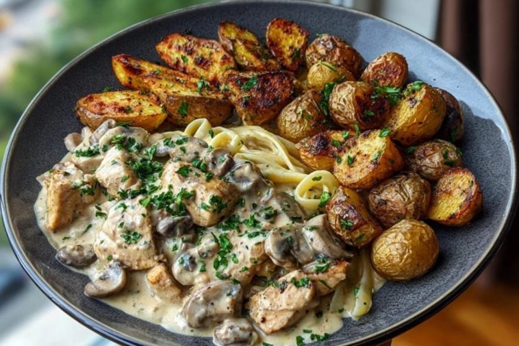 Creamy Mushroom Garlic Chicken Alfredo & Hot Honey Roasted Potatoes